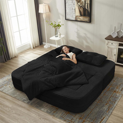 Multi Functional Plush Corduroy Convertible Sectional Sofa Bed with Independent Lounge Chair and Functional Blanket