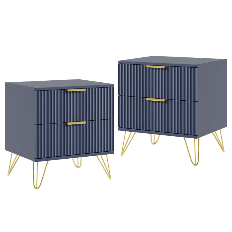 Table de chevet cannelée avec 2 tiroirs, Blue