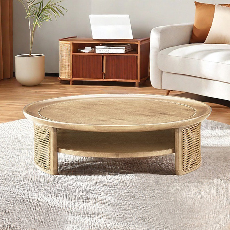 Solid wood rattan round creative tea table, 12.99" H x 43.31" L x 43.31" W, Light Walnut