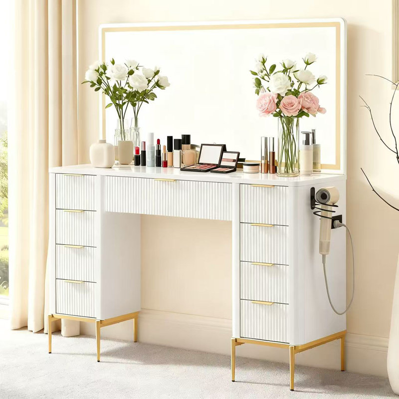 48" Modern Makeup Vanity Desk With Mirror And Lights, Makeup Vanity With 9 Drawers With Power Outlet,Adjustable Lighting Dressing Table For Bedroom