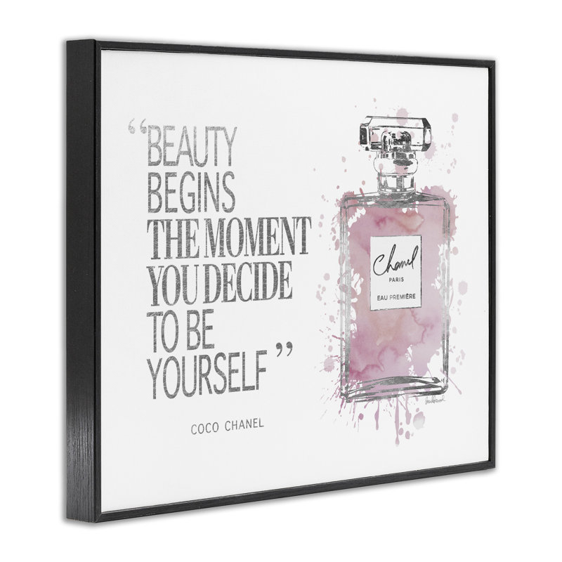 «Beauty Begins Fashion Perfume», art textuel, H 30 po x l 24 po, Giclée encadrée noir minuit