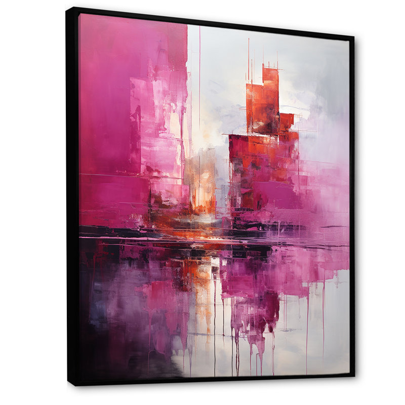 Horizons de gratte-ciel fuchsia, Cadre flottant noir, H 32 po x l 24 po x P 1 po