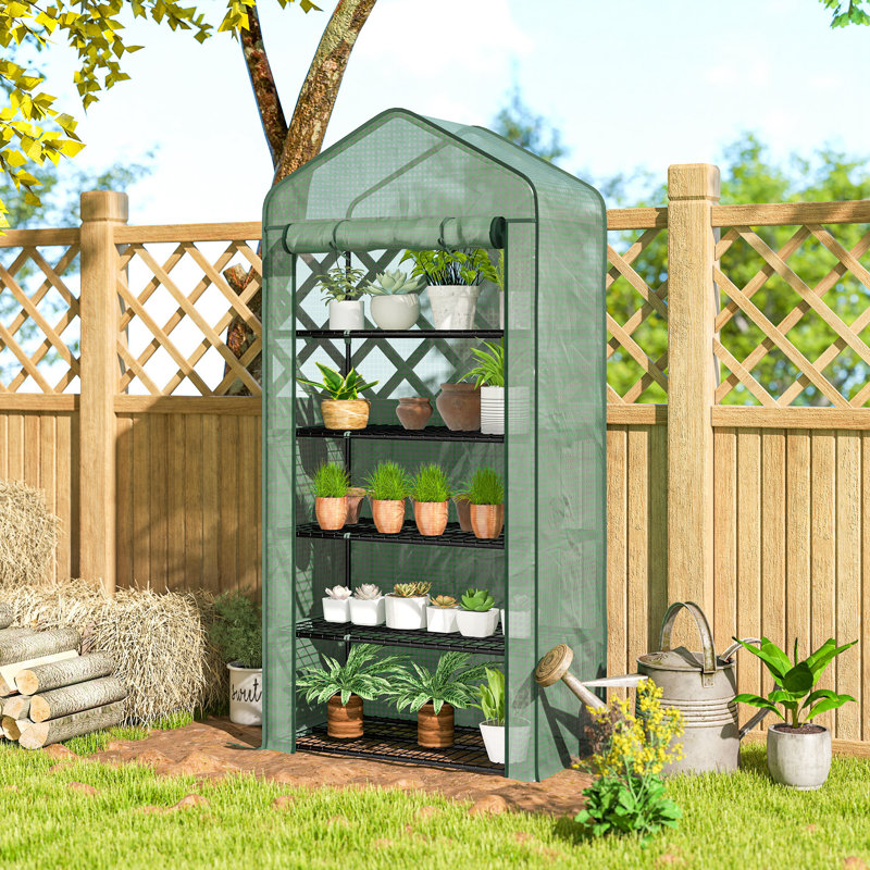 Outsunny 5 Tier Mini Greenhouse with Reinforced PE Cover, Small Portable Greenhouse with Roll-Up Zippered Door, Green, Green