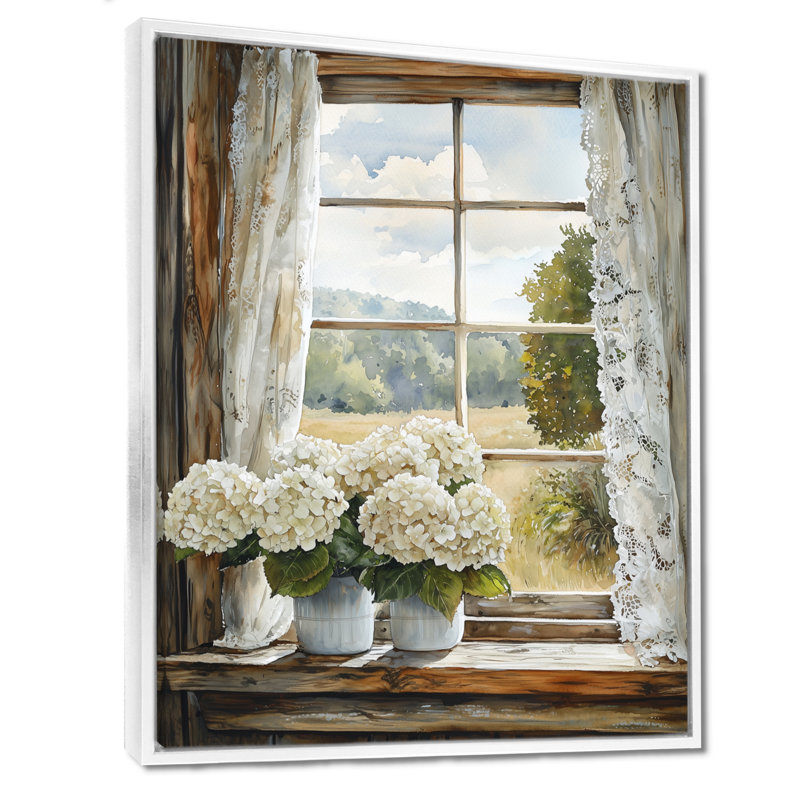 Ferme hortensias et rideaux en dentelle I - hydrangées, art mural, H 20 po x l 12 po, Reproduction avec cadre flottant, Blanc