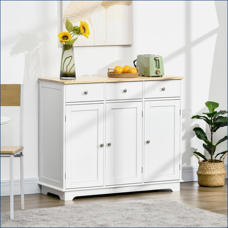 Sideboards, Modern White Storage Cabinet with Solid Wood Top, 3 Drawers &amp; Adjustable Shelf | MDF Frame | Anti-Tipping Design