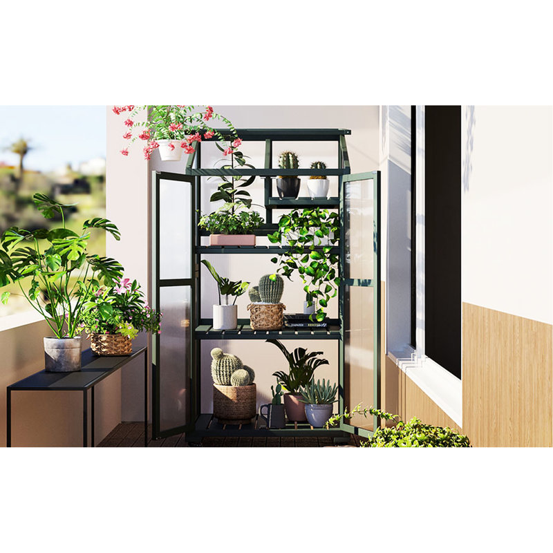 Serre en bois de 62 pouces de hauteur avec roues mobiles et tablettes de rangement réglables pour plantes
