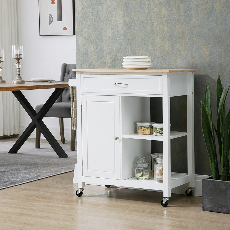 Chariot pour îlot de cuisine, îlot de cuisine avec rangement, plateau en bois massif, tiroir, pour la salle à manger