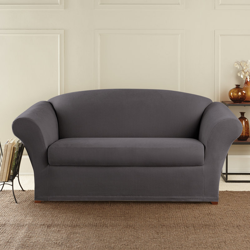 Gray Stretch Oxford Two-Piece Loveseat Slipcover