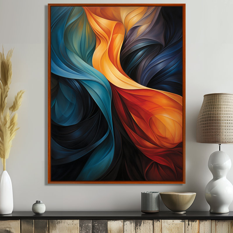 Décoration murale rétro bleu orange liquide - Vagues, H 44 po x l 34 po x P 1,5 po, Toile tendue