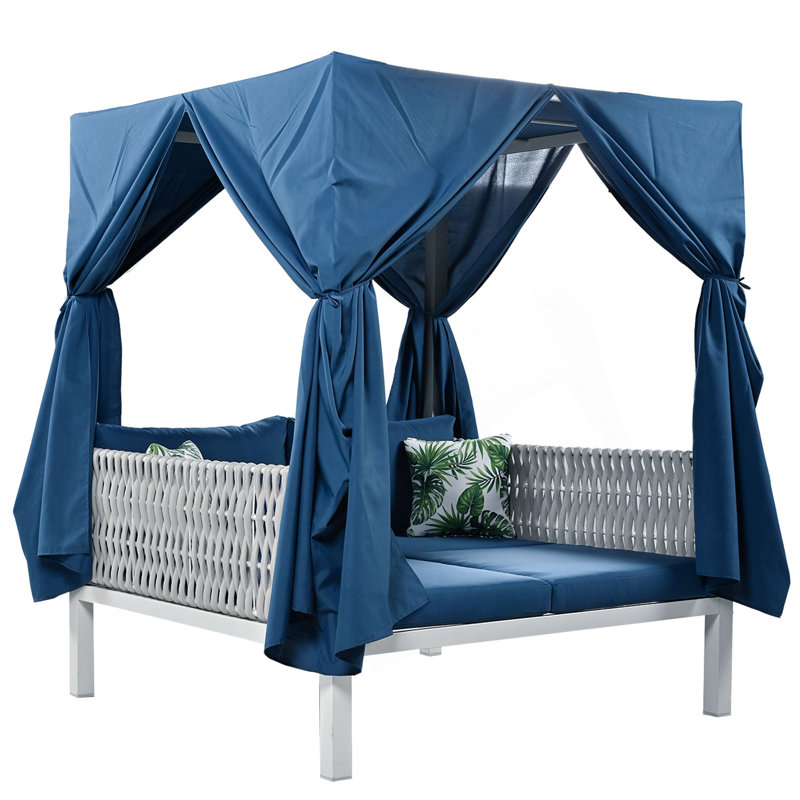 Elegant Outdoor Patio Sunbed With Curtains, Blue