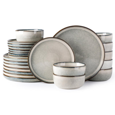 Ceramic Dinnerware Sets For 8, 24 Pieces Stoneware Plates And Bowls Sets, Scratch Resistant Dishes, Dishwasher & Microwave Safe, Reactive Glaze-Green Wheat