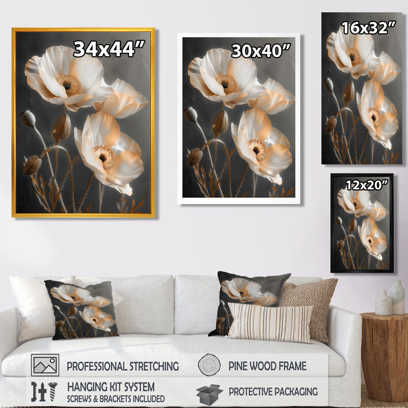 Coquelicots blancs et gris rétro - décoration murale coquelicots, Toile avec cadre flottant brun, H 32 po x l 24 po x P 1 po