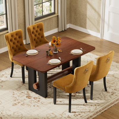 Modern Walnut Dining Table Set with 4/6 Velvet Chairs, MDF & Solid Wood for Small Spaces, Kitchen, Dining