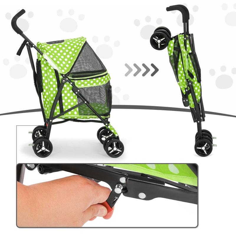 Lawn Green Polka Dot Foldable Pet Stroller with Mesh Windows