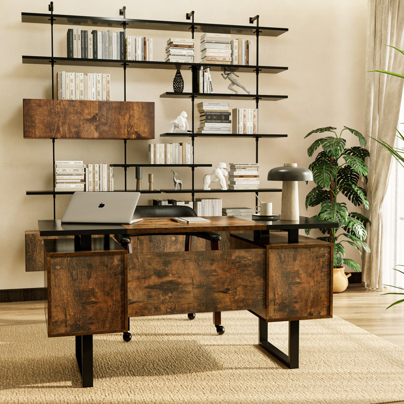 Sousa Modern Computer Desk Office Desk with 4 Large Drawers, Rustic Brown/Black