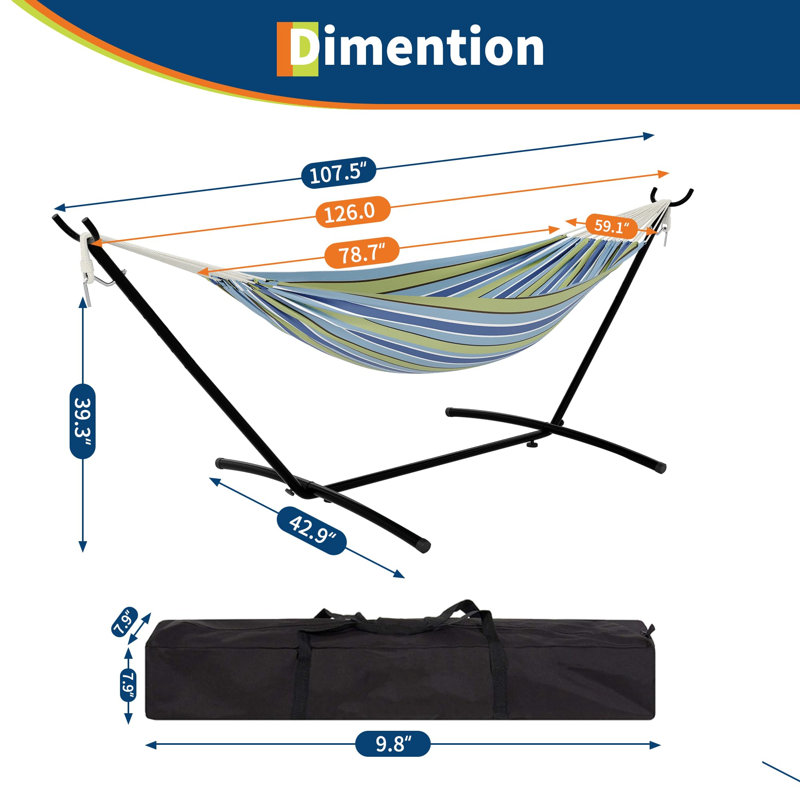 Hamac double avec support en acier peu encombrant, hamac robuste pour 2 personnes avec sac de transport, assemblage facile, capacité de 350 lb pour le camping dans la cour intérieure et extérieure, rayures bleu-vert