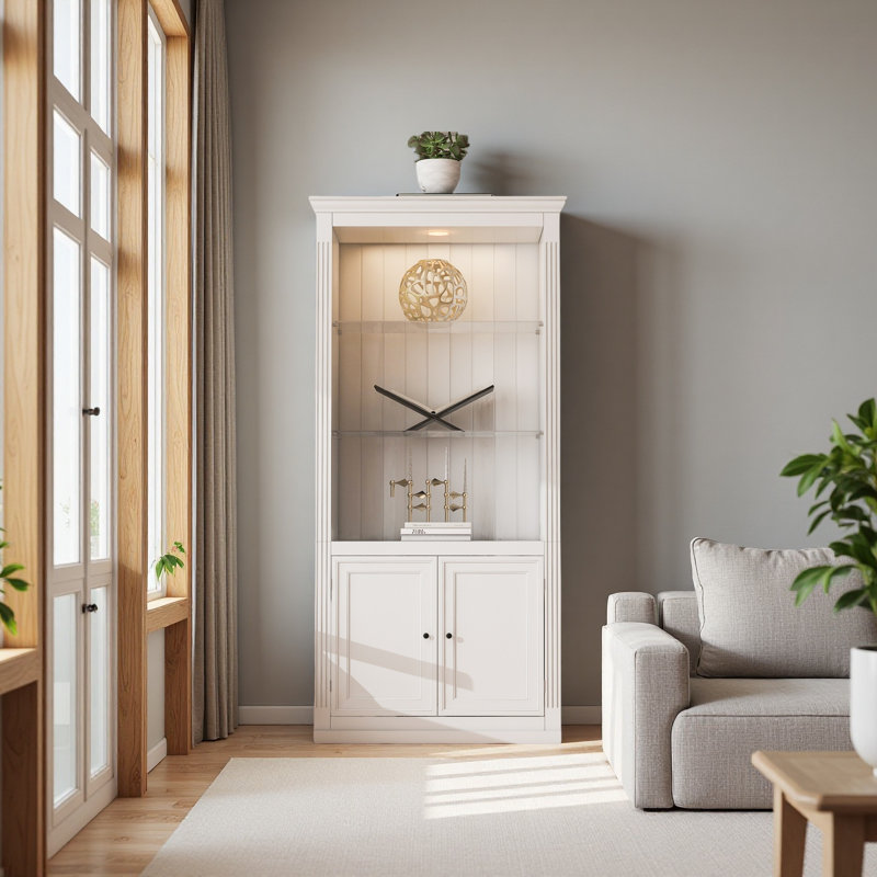 Vitrine de 78,75 po de hauteur avec bibliothèque 3 pièces avec plafonnier réglable à DEL 5 couleurs, tablettes de style rétro avec tablettes en verre trempé pour le salon, le bureau, le studio ou l'espace de travail