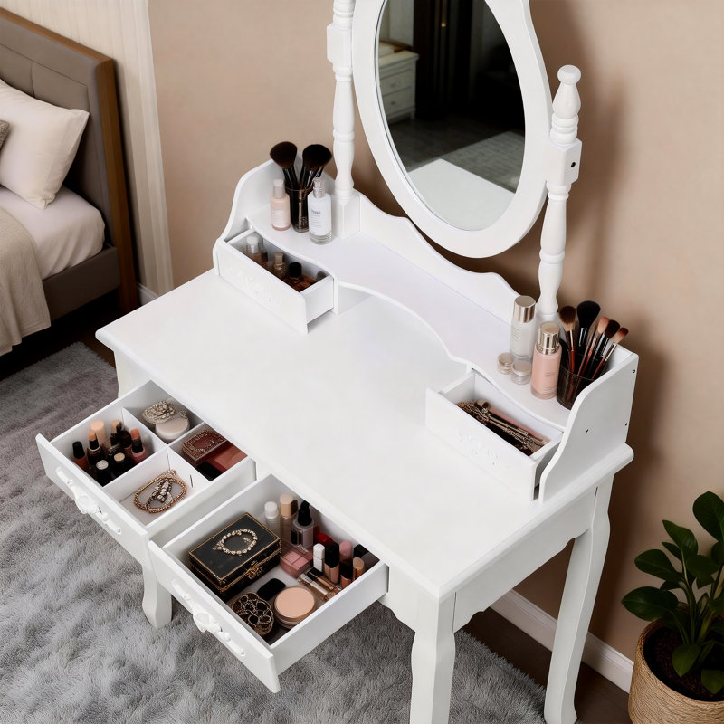Coiffeuse blanche avec miroir pivotant à 360°, 4 tiroirs de rangement, tabouret confortable, montage facile, idéale pour le maquillage et les soins du visage. Spacieuse et rembourrée.