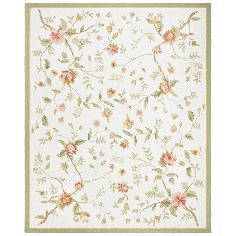 Kinchen Hand Hooked Wool Floral Rug, Rectangle 8' x 10', Beige