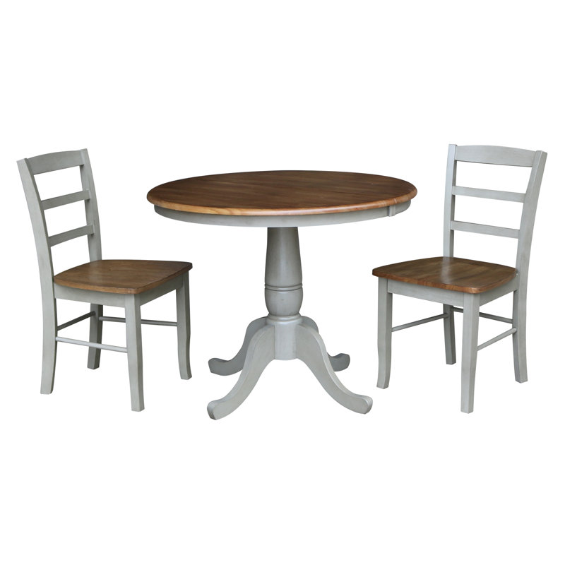 Gadmann Pedestal Extendable Solid Wood Dining Set, Hickory/Stone, 3 Pieces: Table, 2 Chairs