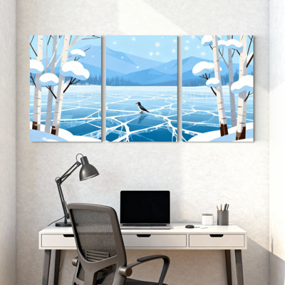 Ensemble de 3 impressions sur toile, paysage d'hiver avec arbres enneigés et oiseaux