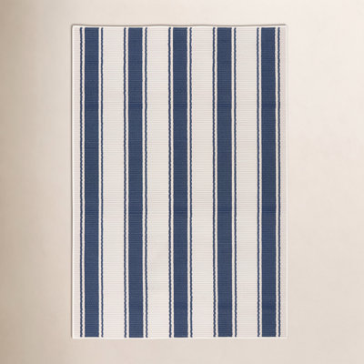 Blue Awning Stripe Machine Printed Washable Rug