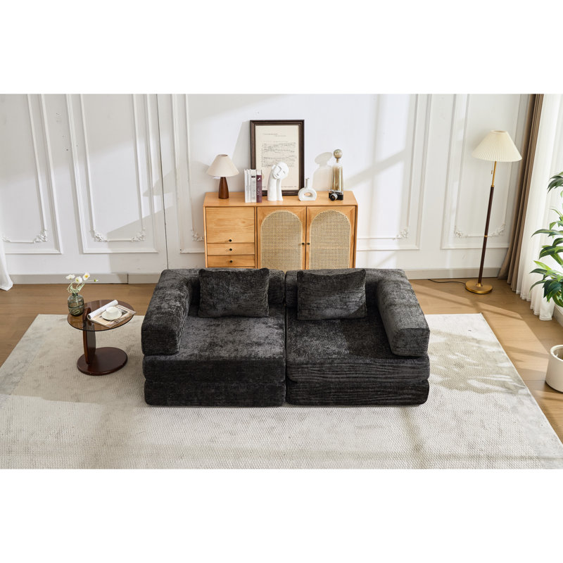 Lit de compression convertible noir à 2 places avec design désossé, chenille et sans assemblage pour cadre de bureau à structure fixe, petit appartement