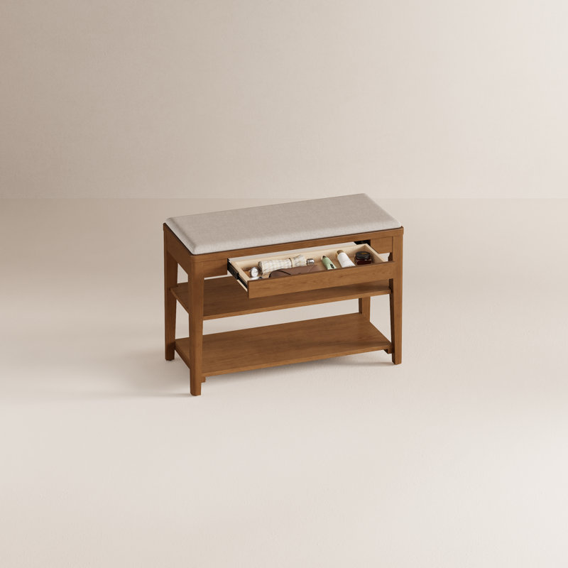 Bancs d'entrée en bois massif à 2 niveaux avec tiroirs et coussins rembourrés Adryell - Rangement pour chaussures confortables