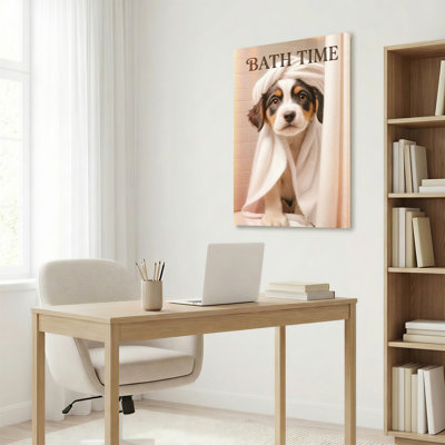 Mignon chiot dans une serviette de bain, reproduction d'art sur toile tendue sur toile, ensemble de 1
