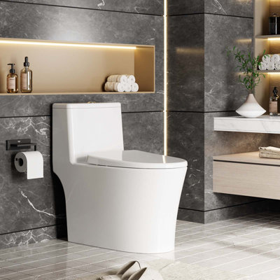 Elongated One-Piece Commercial Toilet – Dual Flush 0.8/1.28 GPF, Water-Saving cUPC Ceramic, Soft-Close V-Shaped Seat, Top Press –Modern White –W2111 Elongated, V-shaped cover, double top, 3/4.8L, cupc
