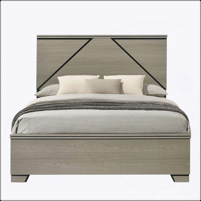 Grand lit de style moderne avec tête de lit à DEL, meubles de chambre à coucher en bois au fini gris, assemblage facile