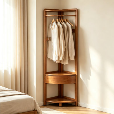 Corner Rubber Wood Coat Rack with Storage Drawer