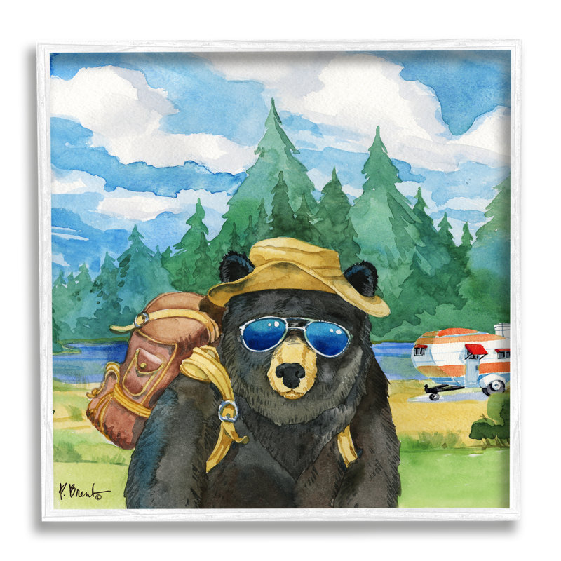 «Happy Camper Black Beer Hiker» par Paul Brent - peinture sur bois, H 12 po x l 12 po x P 1,5 po