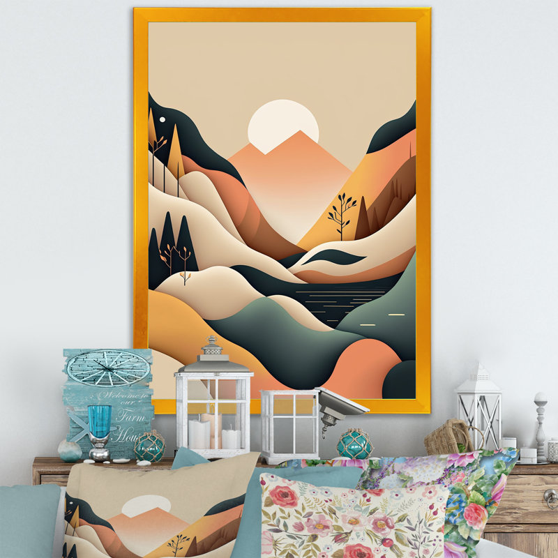 «White Moon In Graphic Mountains», reproduction sur toile, H 32 po x l 16 po x P 1 po, Impression dorée sur toile encadrée