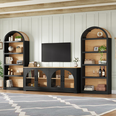 Ensemble de meuble télé 3 pièces avec bibliothèque pour téléviseur de 70 po ou moins, centre de divertissement bicolore en grain de bois avec design arqué, buffet de ferme avec portes en verre trempé pour le salon