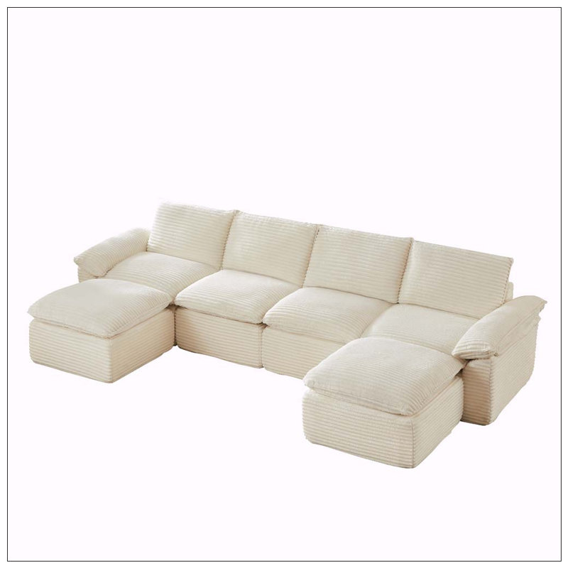 Canapé moderne en velours côtelé, White-4Seat-2Ottman