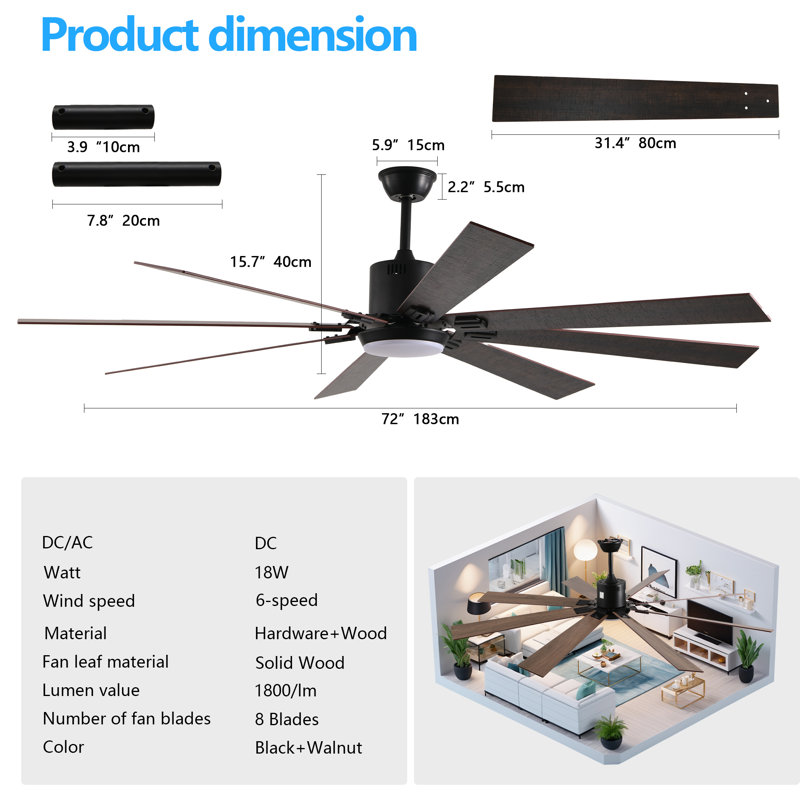 Ventilateur de plafond à DEL 72 po avec 8 pales