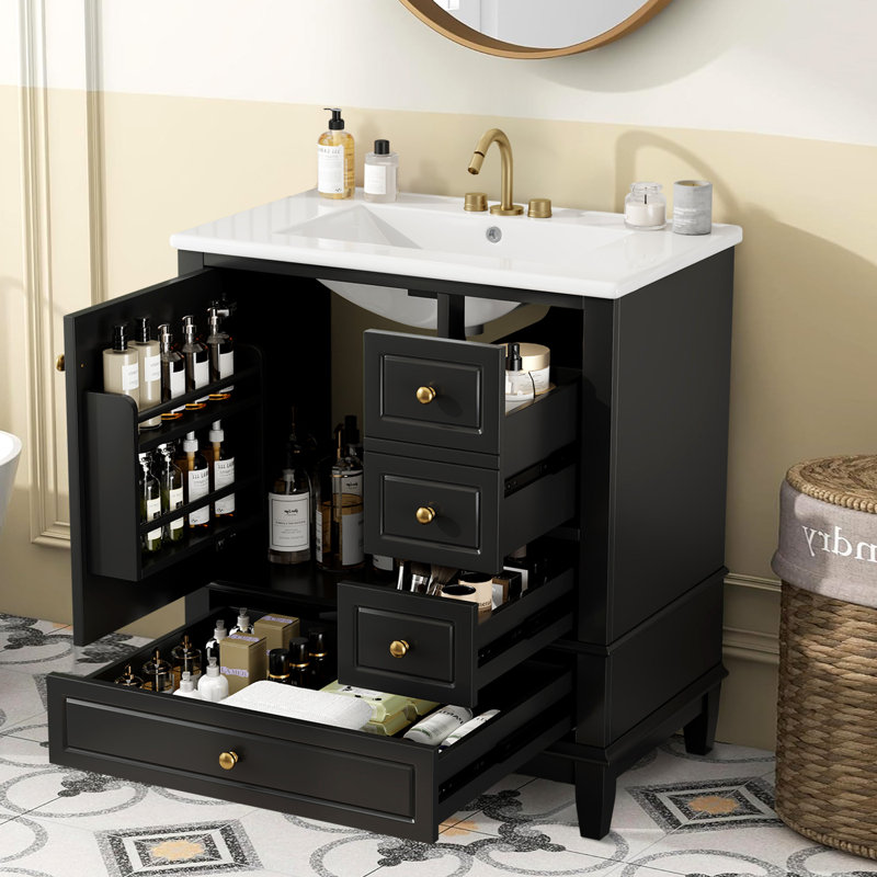 Armoire de meuble-lavabo 30 "avec lavabo en céramique, Noir, Doré