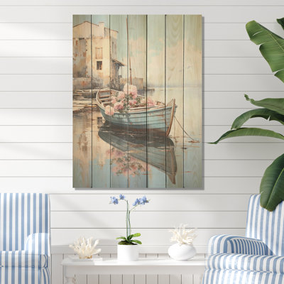 Pastel Port Boat Blooms II - Bateau côtier sur bois