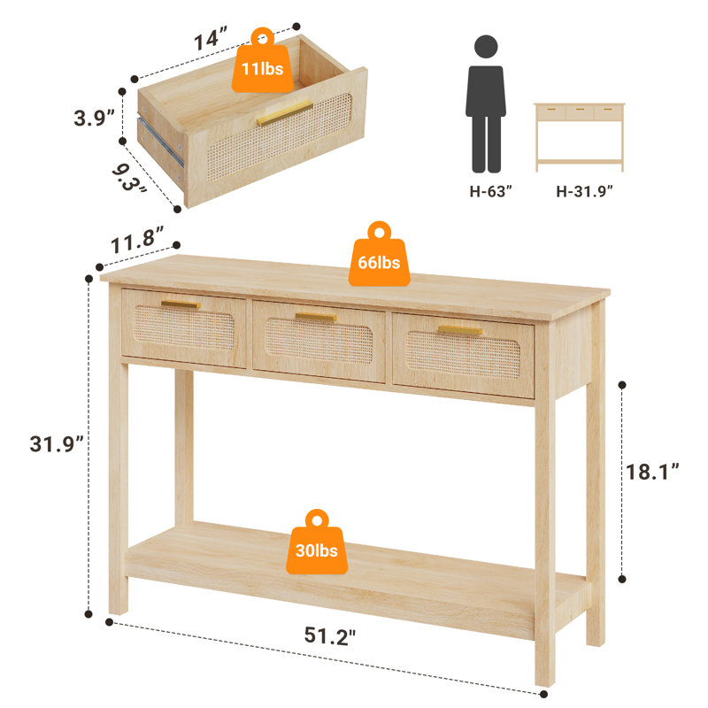 Console en rotin 51,2 po McDuffie, Naturel