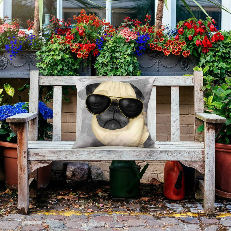 Pug with style - 20"x20" Outdoors Throw pillow - Spun poly - Print on demand, 20" H x 20" W