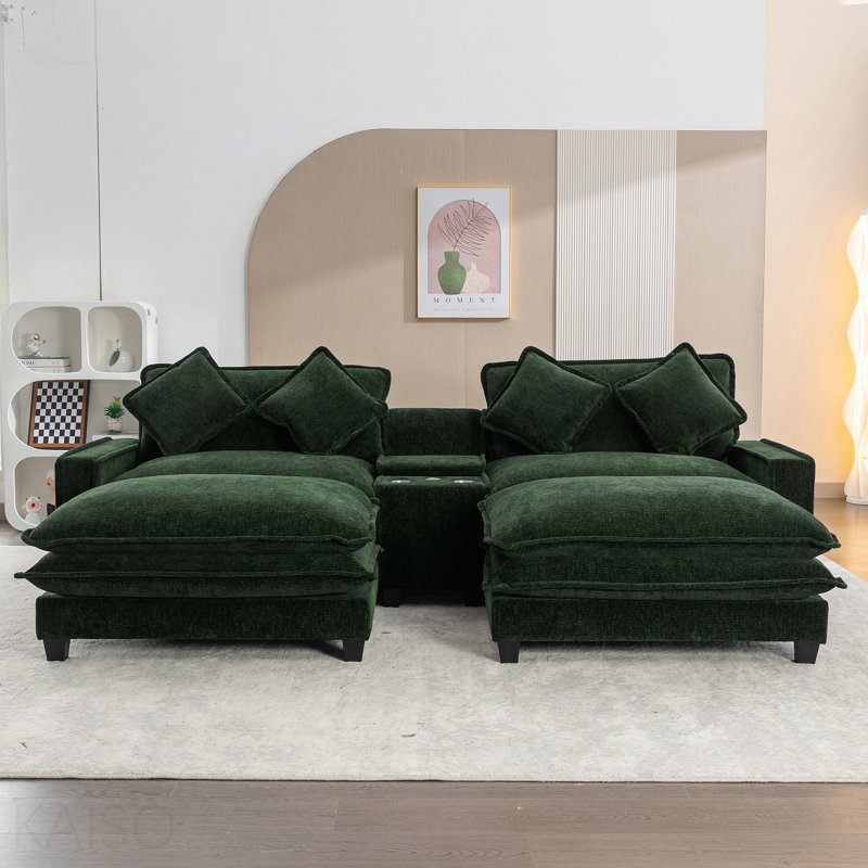 Canapé modulaire Basic, canapé rembourré en chenille de 111 po avec deux repose-pieds amovibles, deux ports USB, deux porte-gobelets et une grande boîte de rangement