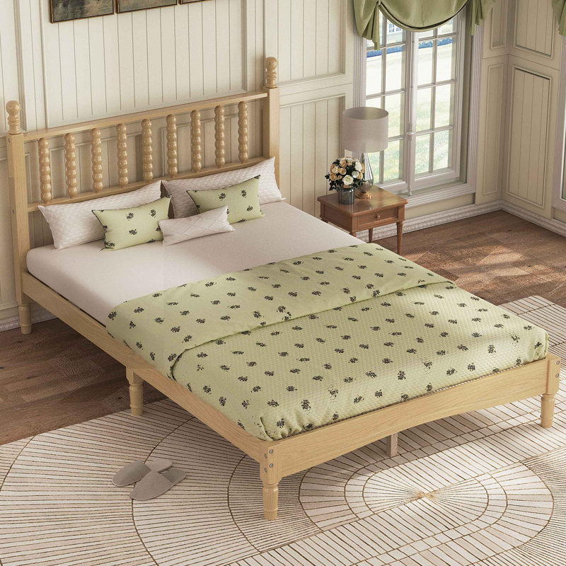 Wood Platform Bed With Gourd Shaped Headboard,Retro Style Platform Bed With Wooden Slat Support, Full