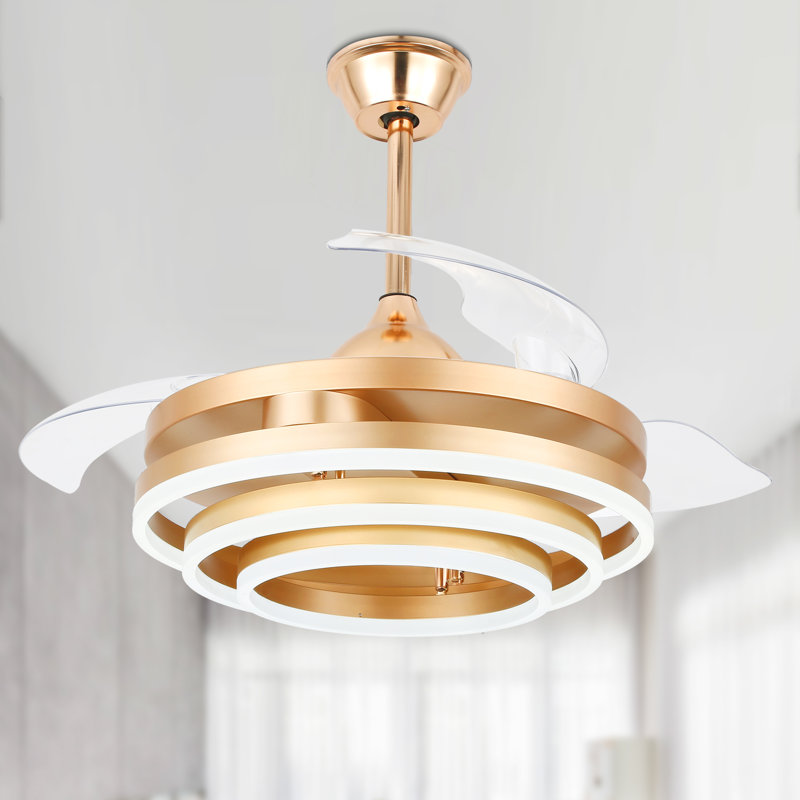 Ventilateur de plafond rétractable doré 42 po Brynnly avec lumières DEL, télécommande pour moteur à courant continu 3 couleurs 6 vitesses pour le salon, la chambre à coucher