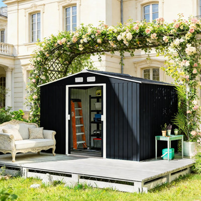 Spacieuse remise de jardin en métal avec trousse de fondation pour la stabilité, portes coulissantes doubles faciles d'accès et 4 bouches d'aération, rangement idéal pour tondeuses à gazon, L 109 po x l 76,8 po x H 75,5 po