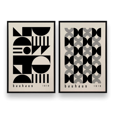Bauhaus Geometric Duo Set of 2 Canvas Prints in a Silver Frame, 18" X 12"