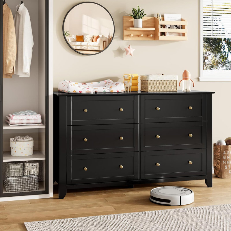 Commode 6 tiroirs en bois d'ingénierie avec deux poignées rondes noires