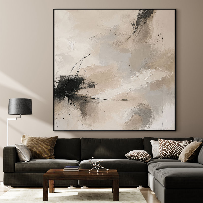 Très grand art mural imprimé sur tissu - Abstrait neutre doux avec détails noirs pour le salon ou la chambre à coucher - «Assemblage requis du cadre (cadre non fini)»