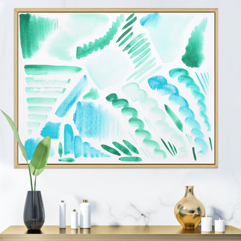 Éléments graphiques rétro en bleu et vert I - peinture sur toile, Cadre flottant en érable, H 24 po x l 32 po