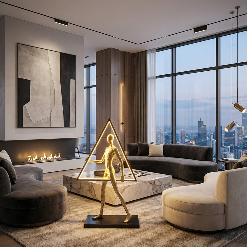 Petite sculpture dorée tenant une lumière triangulaire